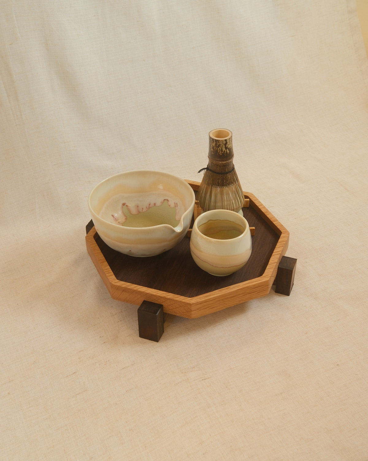 A matcha set on a Zen Tray on linen