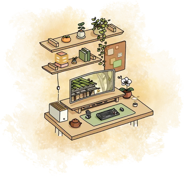 A cozy desk setup with a Cozyleigh desk mat, Zen MagSafe Charger Stand and shelves, drawn by Ash