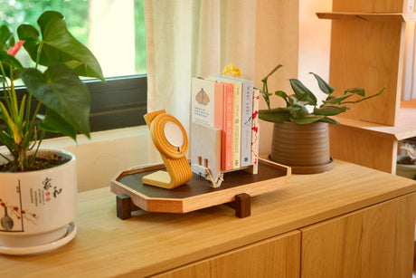 A Zen Tray with a charger stand on the sideboard