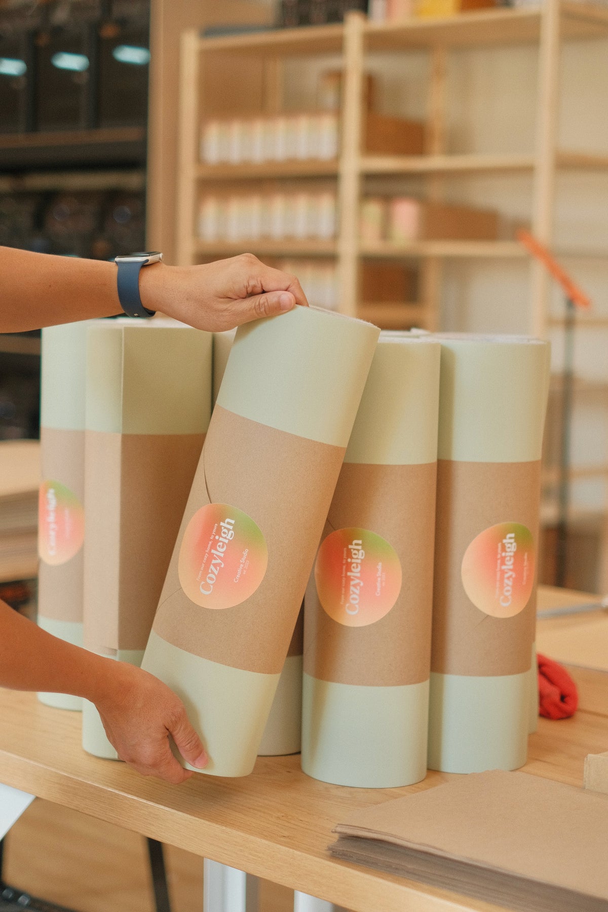 Desk mats rolled and packaged for shipping