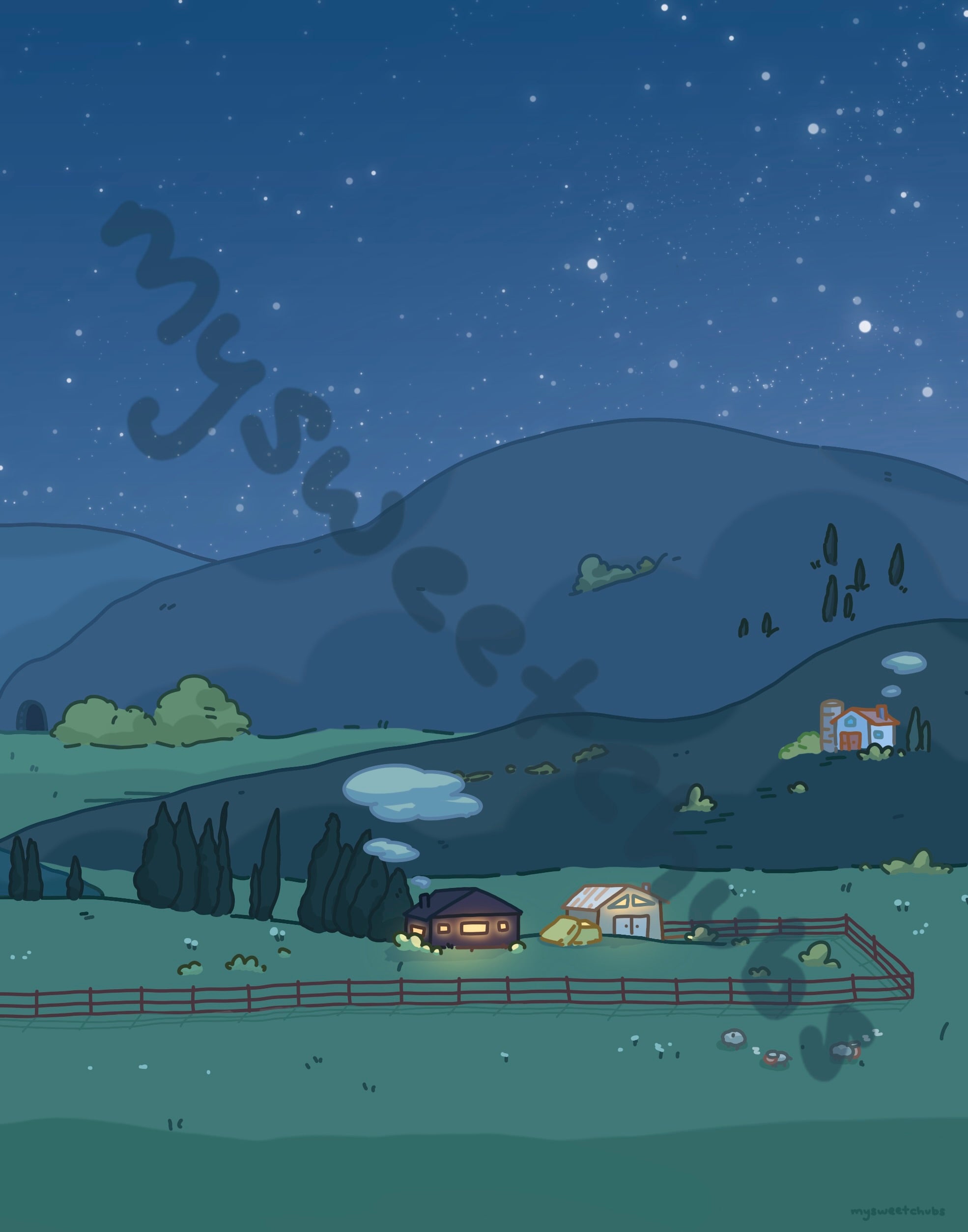 MySweetChubs Rural Life at Night Art Print