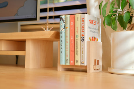 Maple: Zen Book Stand in Maple, Large, holding five books on the studio desk beside the ficus