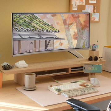 A desk setup with a wooden desk shelf