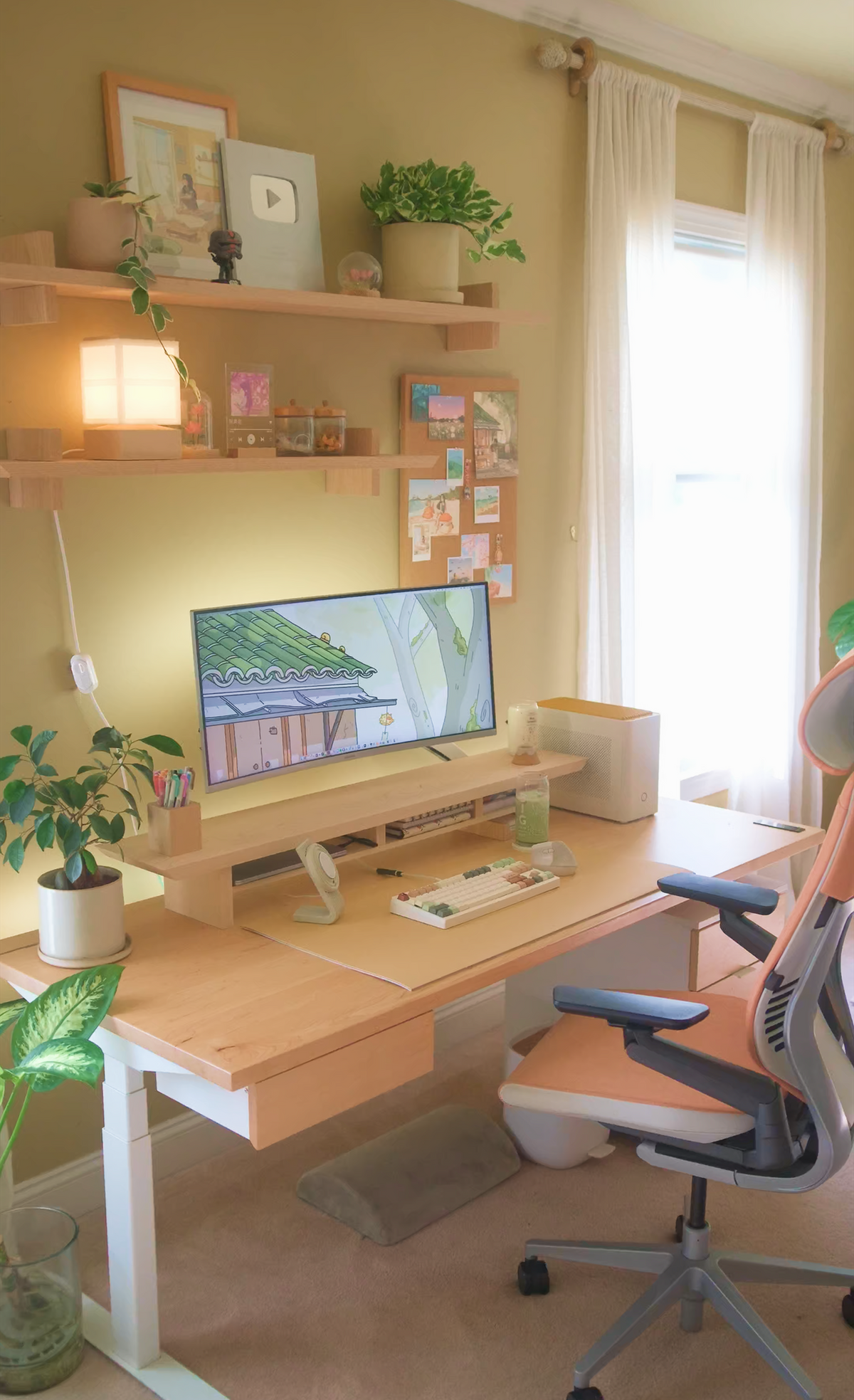 A desk setup with wooden wall shelves