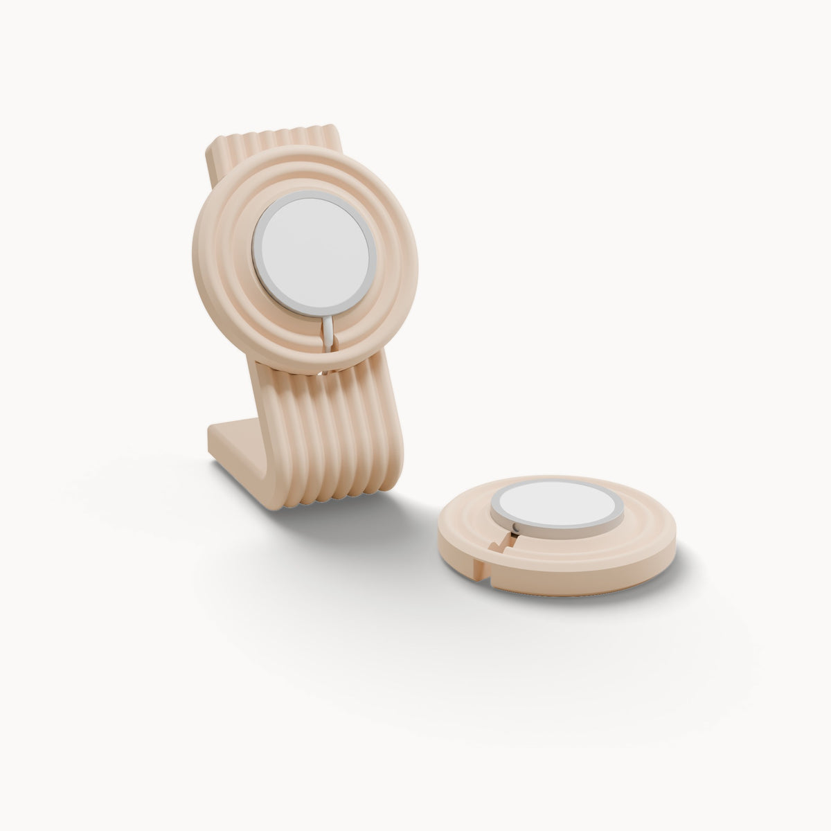 The charging pair: Dusty Blush Zen MagSafe charger stand and Dusty Blush charger puck