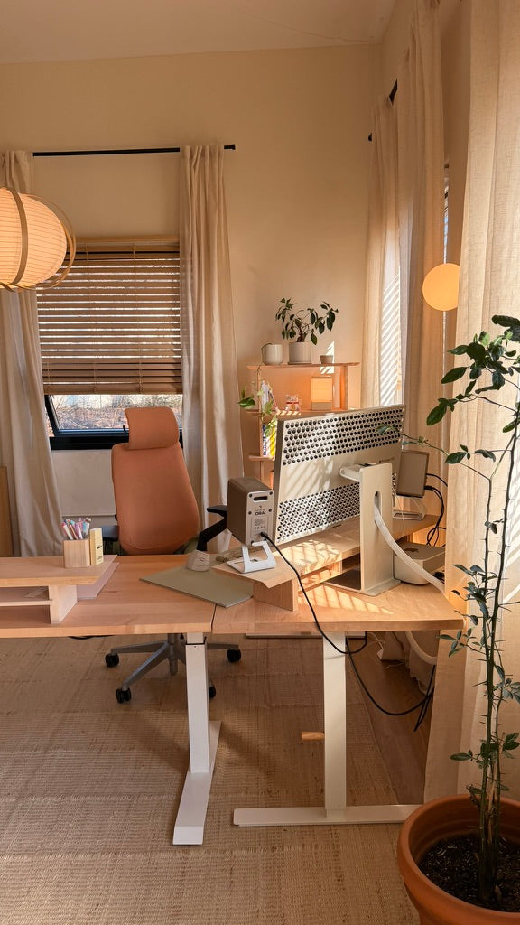 Afternoon sun across a solid maple desk and desk shelf