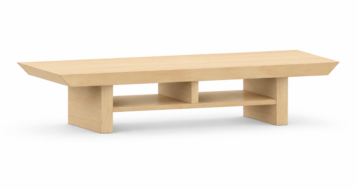 Zen Desk Shelf in Maple, Medium, angled view showing the lower shelf with movable dividers