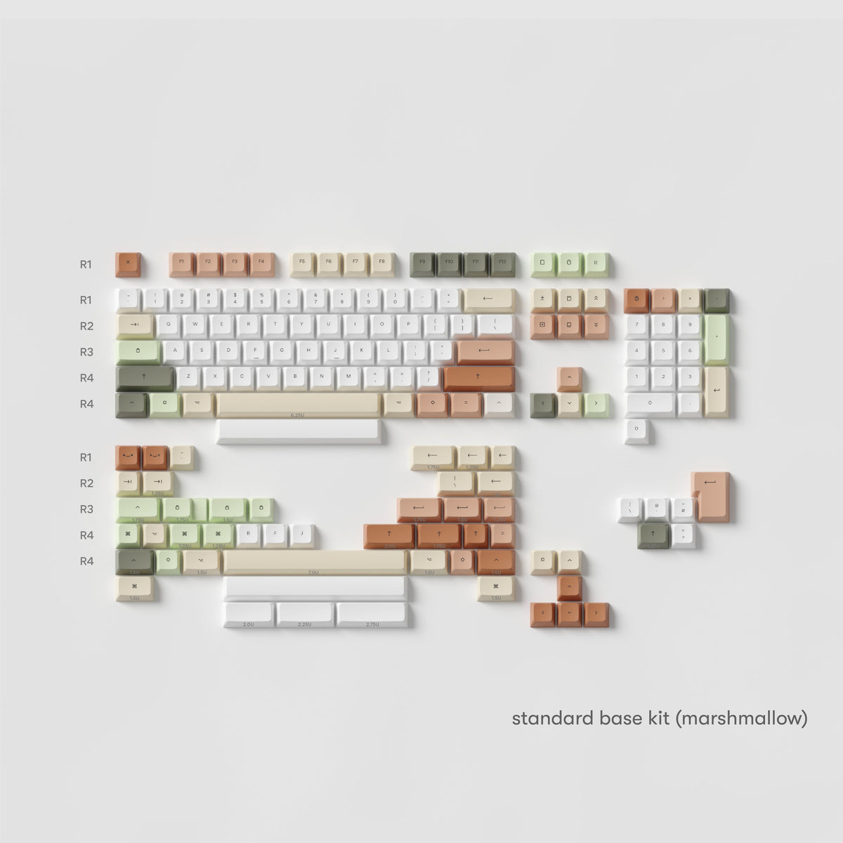 Every key in the Zen Keycaps standard base kit, Marshmallow profile