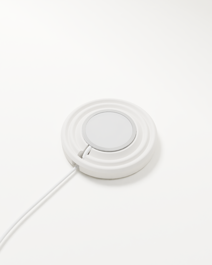 Zen MagSafe Charger Puck in White with its cable on a white background