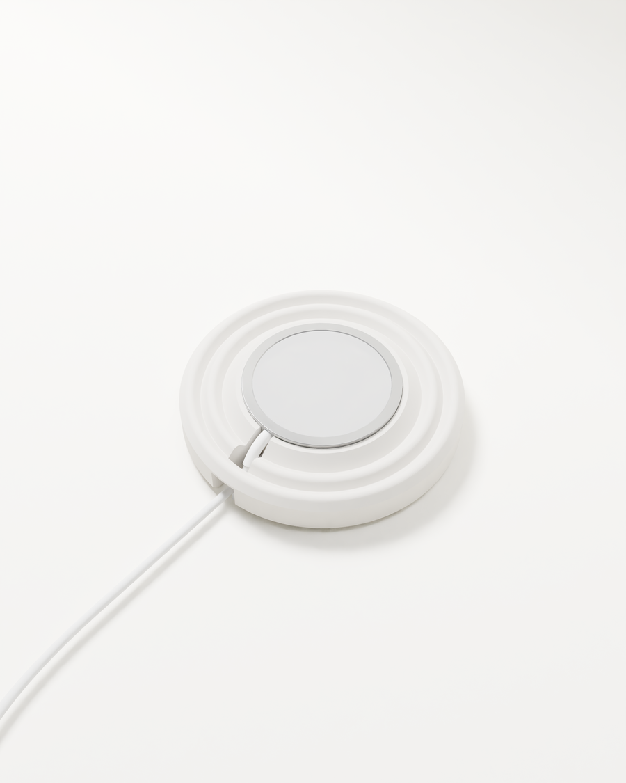 Zen MagSafe Charger Puck in White with its cable on a white background