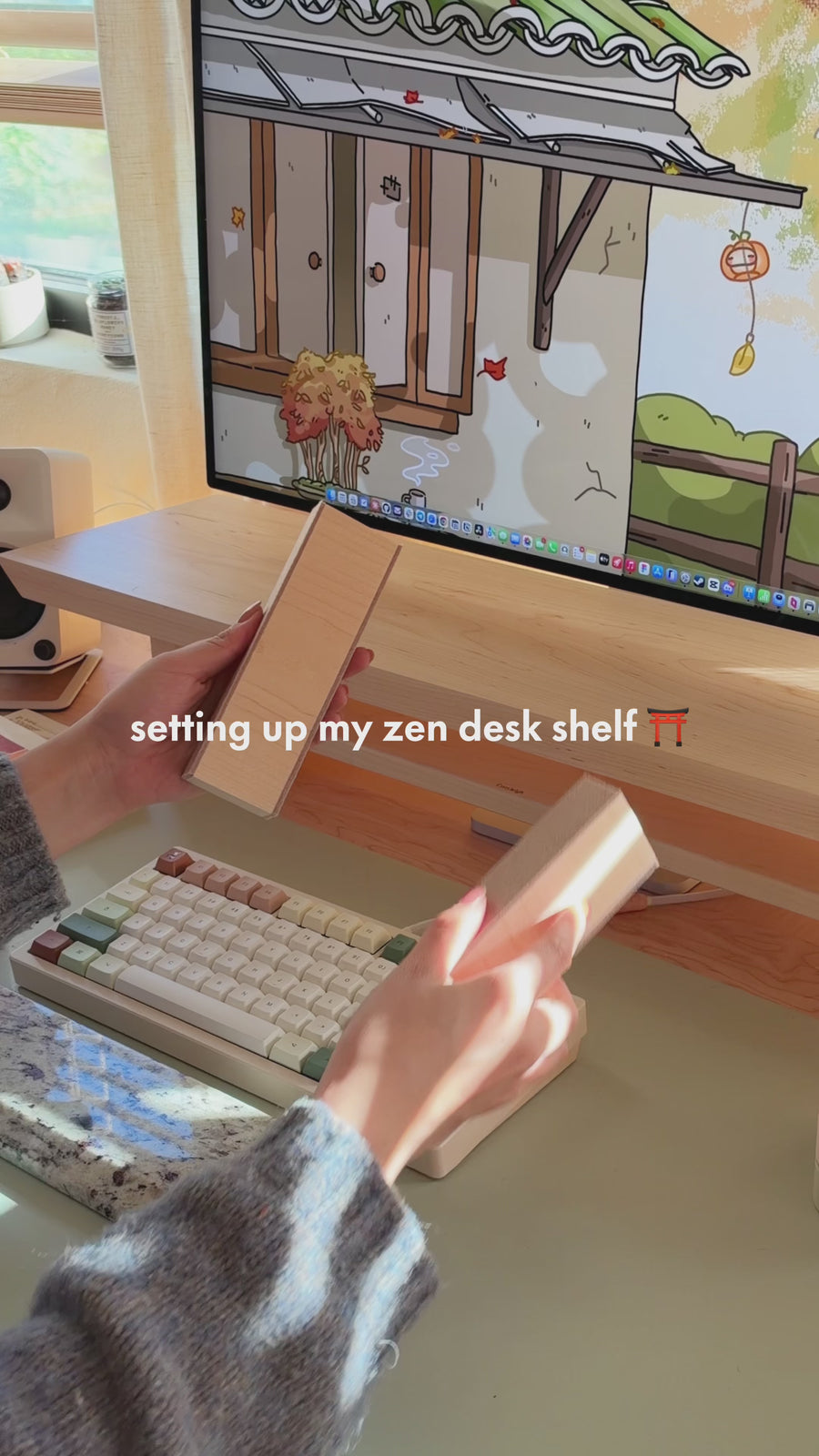 Setting up the Zen Desk Shelf: moving the dividers, sliding books and journals underneath, and a Fa Trinket Tray and Zen MagSafe Charger Puck on top