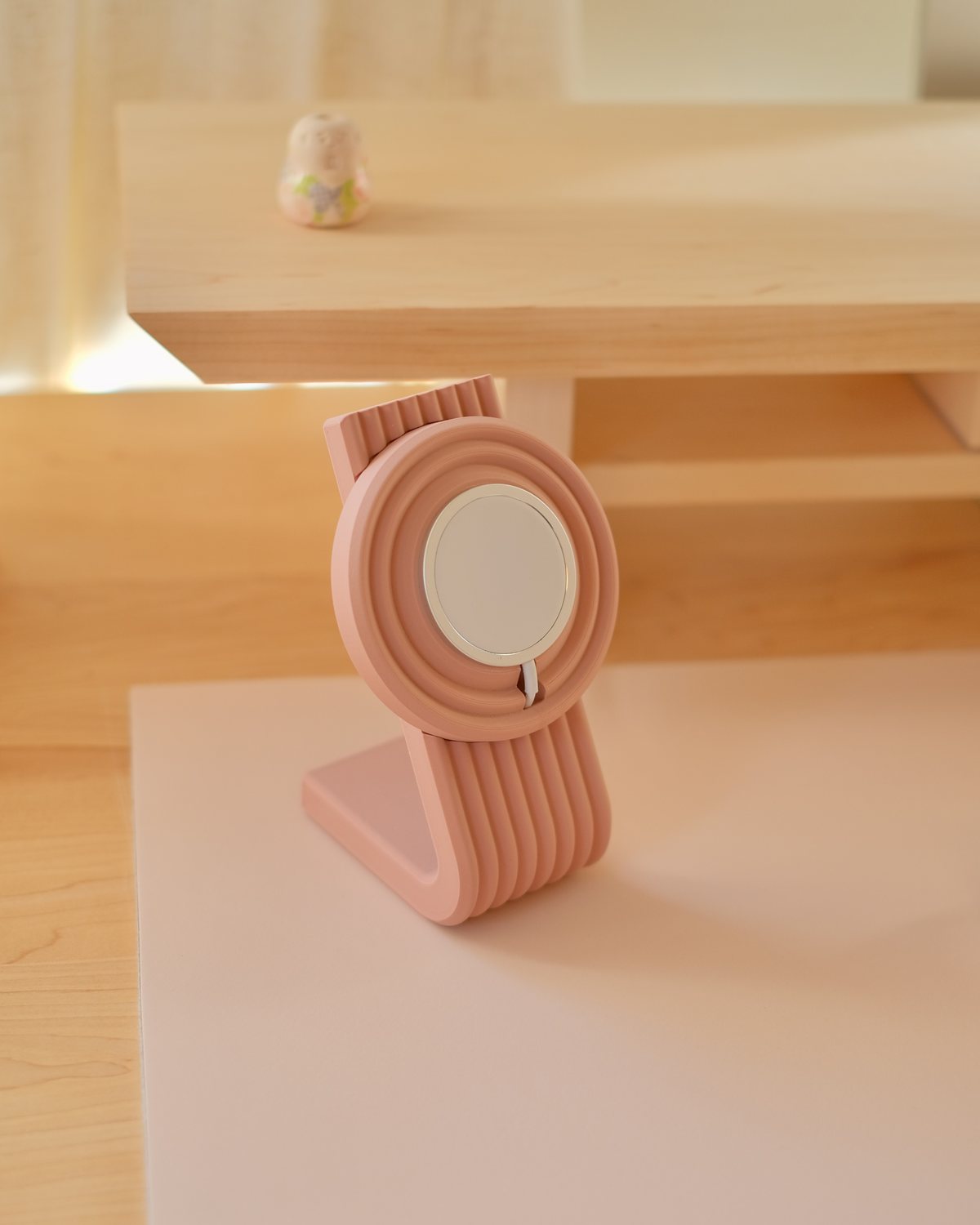 Coming this fall: a Rose Zen MagSafe Charger Stand on a Blush Cozyleigh Desk Mat, with the keyboard beside it